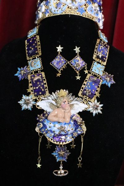 SOLD! 6953 Set Hand Painted Baroque Raphael Cherub Stars Moon Massive Necklace+ Earrings