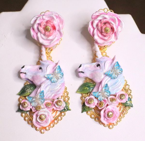 SOLD! 6956 Baroque Colorful Unicorns Roses Rainbow Massive Studs Earrings