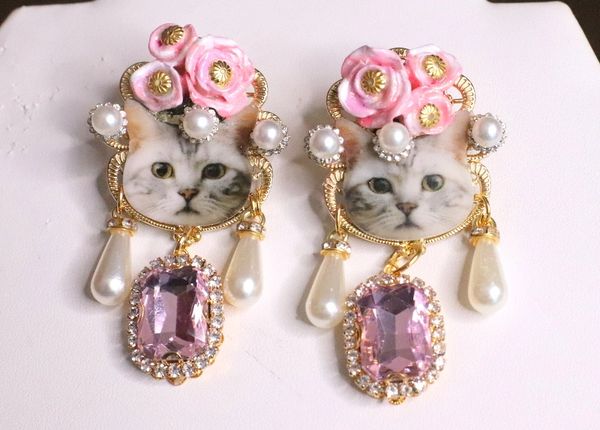 SOLD! 6958 Adorable Cat Roses Pink Rhinestone Studs Earrings