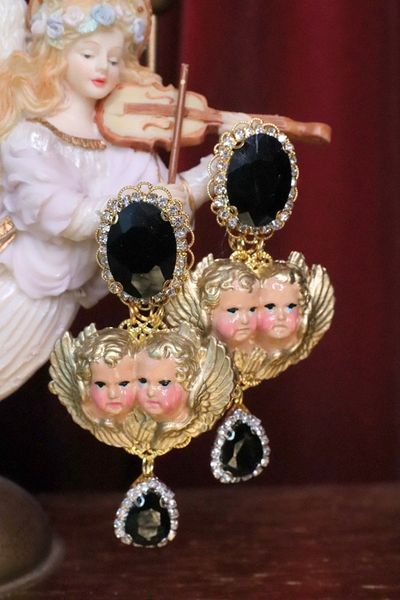 SOLD! 6972 Baroque Hand Painted Vivid Double Cherubs Angels Studs Earrings