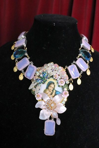 SOLD! 6973 Genuine Milky Opal Virgin Mary Icon Cameo Flower Massive Necklace