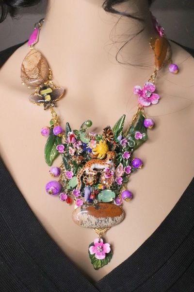 SOLD! 6974 Set Of Enamel Leopard Genuine Jasper Turquoise Gemstones Flowers Necklace+ Earrings