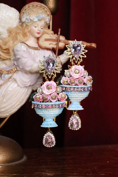 SOLD! 6975 Hand Painted Baroque Vase Roses Studs Earrings