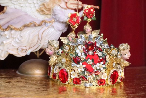 SOLD! 6978 Baroque Hand Painted Sacred Heart Cherubs Angels Crown