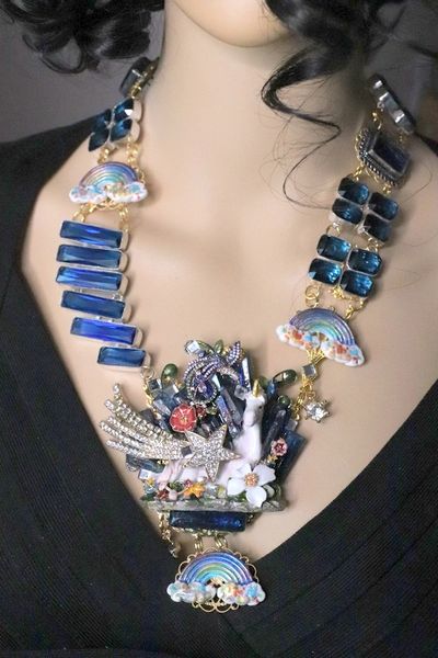 SOLD! 6979 Art Jewelry 3D Effect Hand Painted Unicorn Genuine Quartz Topaz Rainbow Statement Necklace