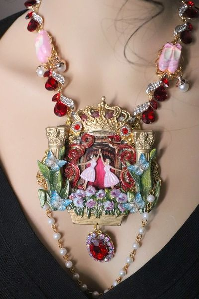 SOLD! 6984 Art Jewelry 3D Effect Hand Painted Baroque Ballerinas Theater Crystal Necklace Pendant