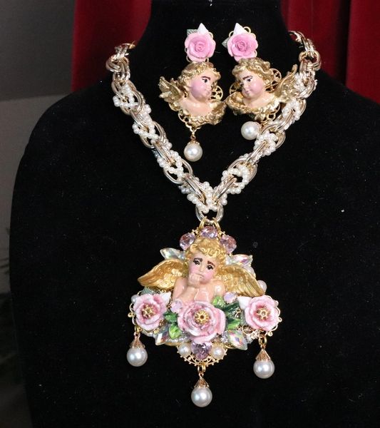 SOLD! 6985 Baroque Raphael Cherub Angel Hand Painted Massive Pendant Necklace
