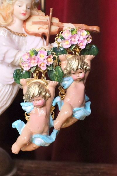 SOLD! 6986 Baroque Enamel 3D Effect Holding Roses Cherub Angel Studs Earrings
