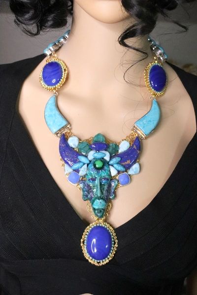 SOLD! 6999 Set Of African Mask Genuine Turquoise Jasper Botswana Agate Massive Necklace