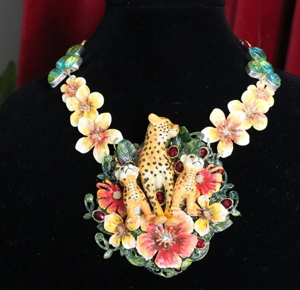 SOLD! 7005 Art Jewelry 3D Effect Cheetah Family Flowers Hand Painted Necklace