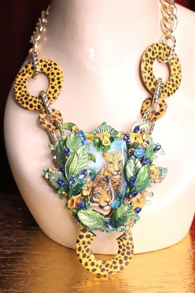 SOLD! 7009 Art Jewelry Painting On Agate Cheetah Tiger Jungle Massive Necklace