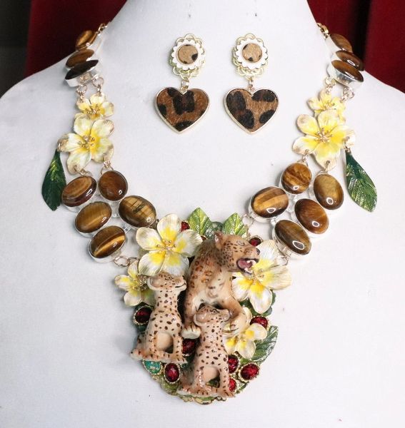 SOLD! 7013 Set Of Art Jewelry 3D Effect Baroque Genuine Tiger Eye Enamel Leopard's Family Necklace+ Earrings
