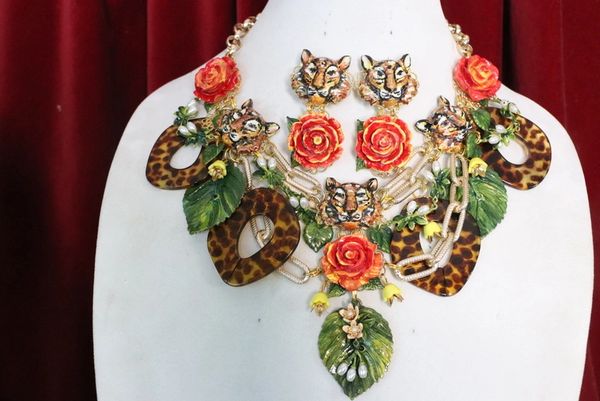SOLD! 7016 Set Of Art Jewelry 3D Effect Baroque Chained Hand Painted Tigers Roses Necklace+ Earrings