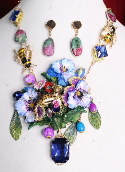 SOLD! 7020 Set Of Art Jewelry 3D Effect Baroque Enamel Leopard Violet Flower Necklace+ Earrings