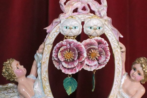 SOLD! 7034 Hand Painted Baroque 3D Effect Enamel Cat Rose Studs Earrings