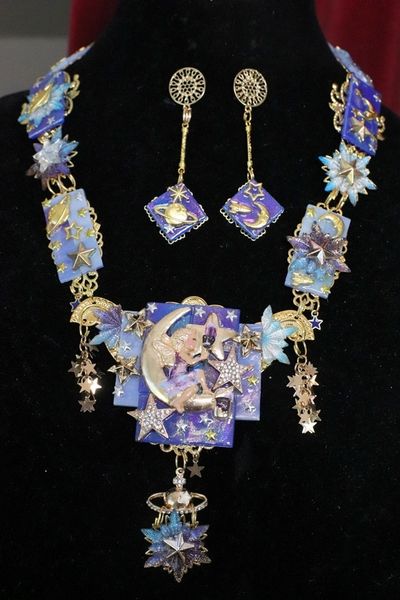 SOLD! 7037 Set Of Mystical Cherub Painting The Moon Star Necklace+ Earrings