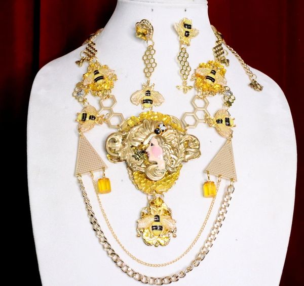 SOLD! 7038 Set Of Art Deco Sunny Honey Queen Bee Baroque Necklace+ Earrings