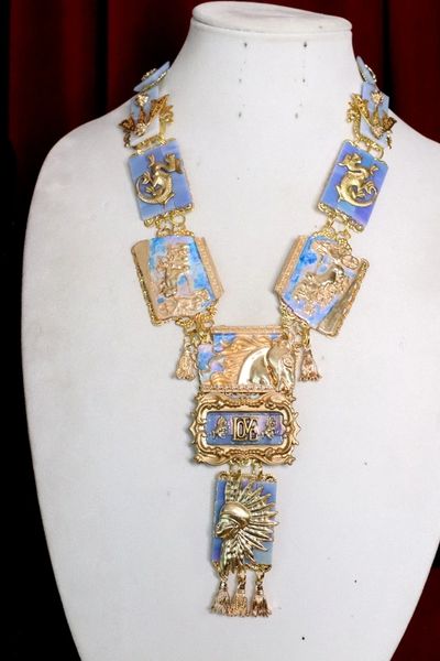 SOLD! 7040 Roman Revival Horse Massive Long Enamel Hand Painted Necklace