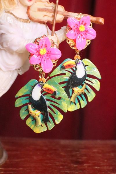 SOLD! 7041 Baroque Palm Leaf Toucan Earrings
