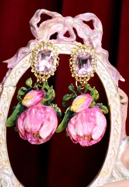 SOLD! 7065 Baroque Hand Painted Enamel Tulip Earrings