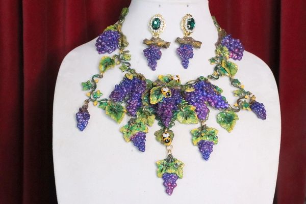 SOLD! 7070 Set Of Art Nouveau Hand Painted Vivid Grapes Bee Necklace+ Earrings