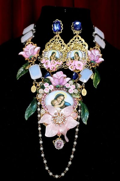 SOLD! 7074 Virgin Mary Genuine Milky Opal Roses Huge Necklace