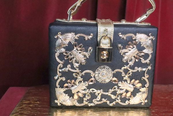 SOLD! 6374 Baroque Gold Embellished Flower Trunk Crossbody Handbag