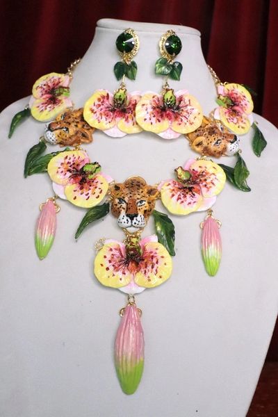 SOLD! 7084 Baroque Hand Painted 3 Leopards Orchids Massive Necklace