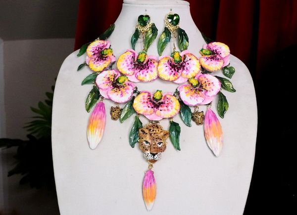 SOLD! 7087 Baroque Hand Painted 3 Leopards Orchids Massive Necklace