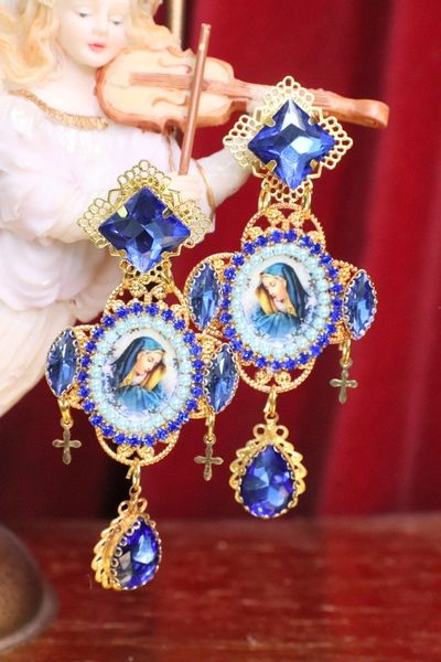 SOLD! 7094 Virgin Mary Blue Rhinestones Earrings