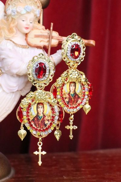 SOLD! 7095 Virgin Mary Icon Red Rhinestones Earrings