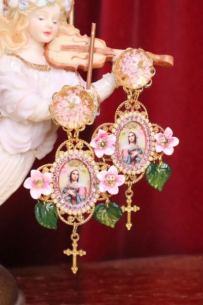 SOLD! 7096 Virgin Mary Pale Pink Cross Rhinestones Earrings