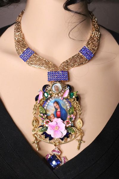 SOLD! 7100 Virgin Mary Icon Cameo Blue Rhinestones Massive Necklace