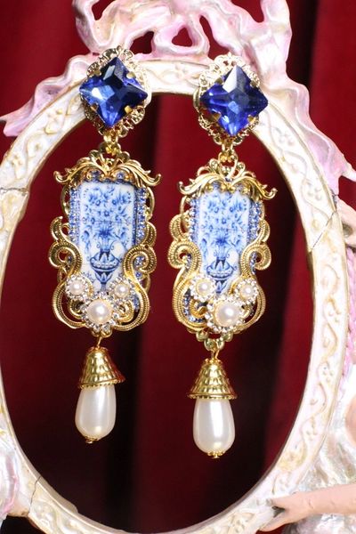 SOLD! 7103 Baroque Sicilian Tile Blue Vase Tall Pearl Earrings