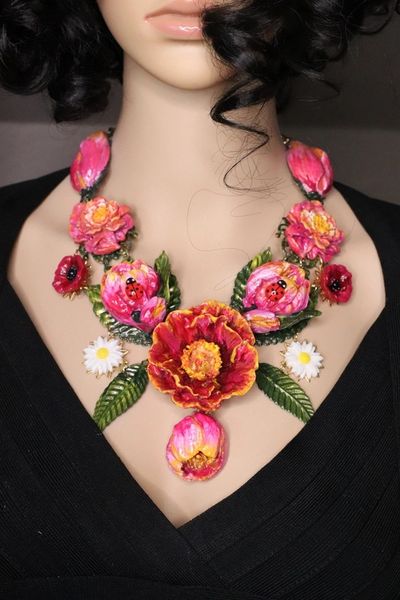 7104 Set Hand Painted Vivid Poppy Tulips Daisy Necklace+ Earrings