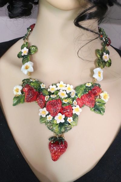 SOLD! 7108 Hand Painted Vivid Strawberries Necklace