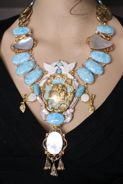 SOLD! 7109 Set Of Art Nouveau Genuine Caribbean Larimar Mother Of Pearls Necklace+ Earrings