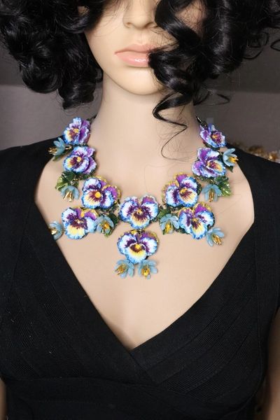 SOLD! 7117 Set Art Nouveau Vivid Viola Flowers Hand Painted Necklace+ Earrings