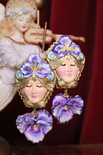 SOLD! 7126 Art Nouveau Goddess Viola Flower Earrings