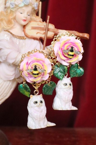 SOLD! 7140 Baroque 3D Effect Rose Bee Adorable Cat Earrings