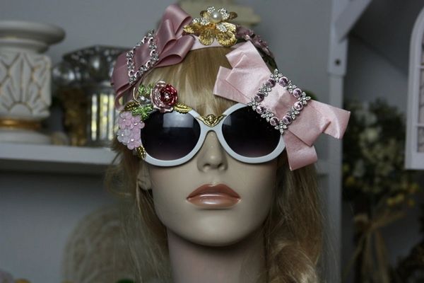 SOLD! 855 Fall 2016 Pale Pink Crystal Bow Baroque Embellished Fancy Shades Sunglasses Eye Wear