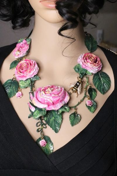 SOLD! 7167 Set Of Art Nouveau Vivid Roses Bee Hand Painted Necklace+ Earrings