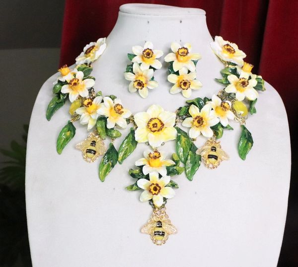 SOLD! 7171 Set Of Art Nouveau Vivid Dona Anna Flower Hand Painted Necklace+ Earrings