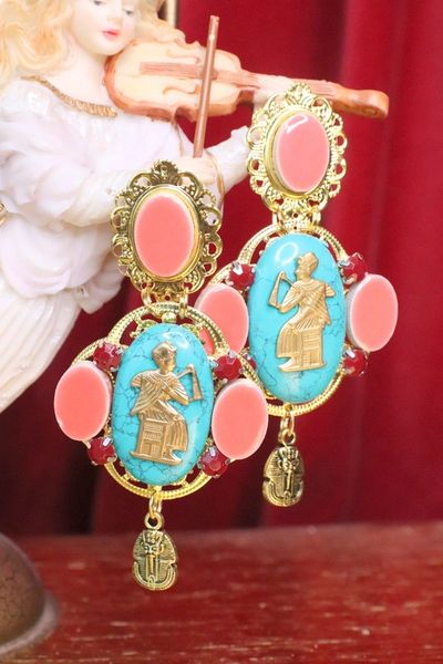 SOLD! 7176 Egyptian Revival Genuine Turquoise Pharaoh Earrings