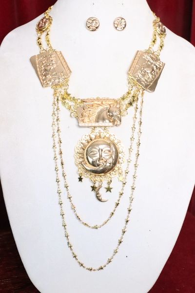 SOLD! 7185 Roman Revival Sun Moon Horses Gold Tone Necklace+ Earrings