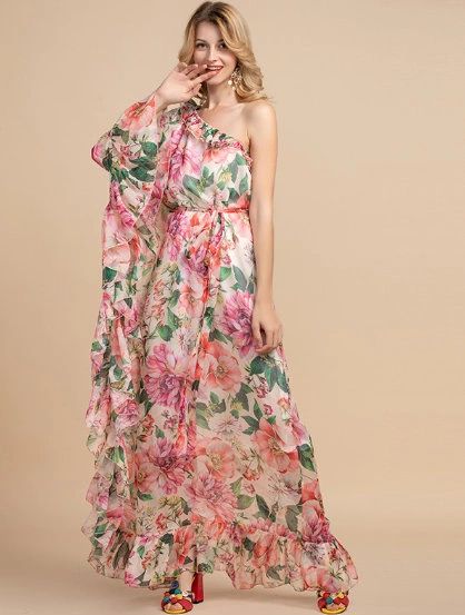 7190 Runway 2020 Rose Peony One Shoulder Print Sheer Dress