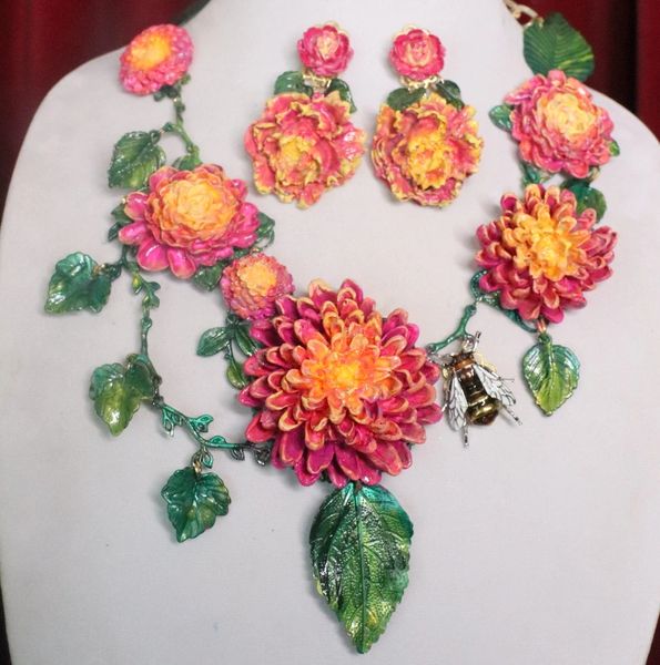 SOLD! 7260 Set Of Baroque Art Nouveau Bright Vivid Asters Flowers Enamel Bee Hand Painted Necklace + Earrings