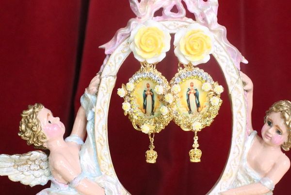 SOLD! 7274 Virgin Mary Madonna Yellow Rose Colorful Earrings