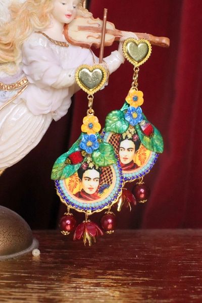 7287 Frida Kahlo Dangle Flower Hand Painted Earrings