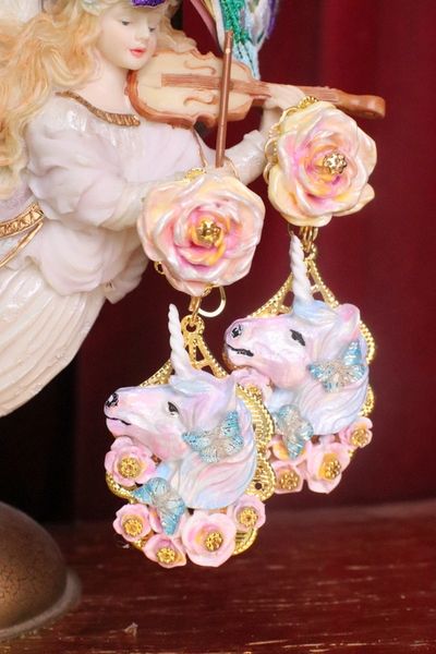 SOLD! 7296 Baroque Colorful Unicorns Roses Rainbow Massive Studs Earrings